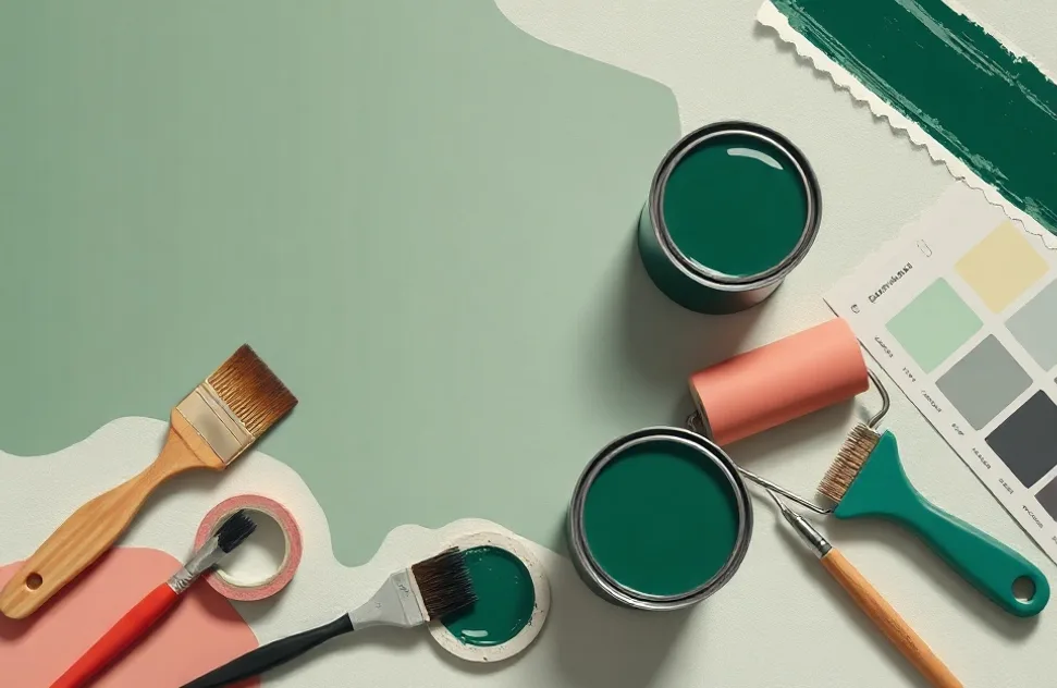 Pots de peinture, nuancier, brosses et rouleaux disposés à plat