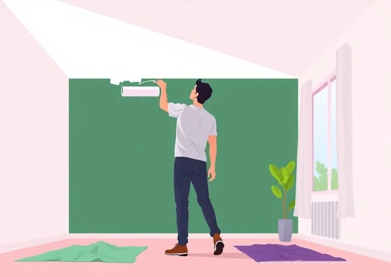 Peintre appliquant la peinture au rouleau sur un mur de salon